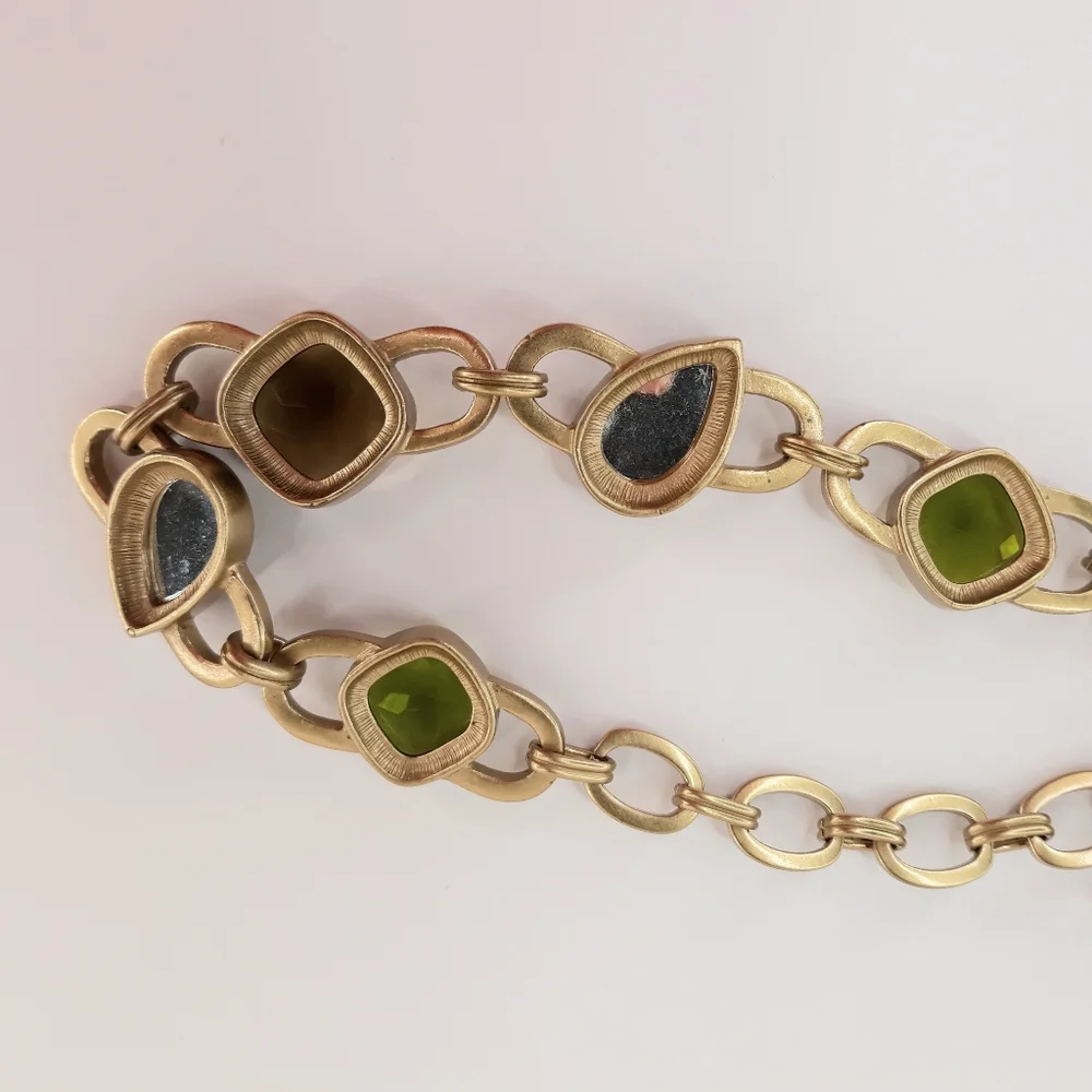 Anne Klein Vintage Mogul Heavy Brushed Satin Gold Tone Lucite Jewels Necklace - Picture 10 of 12